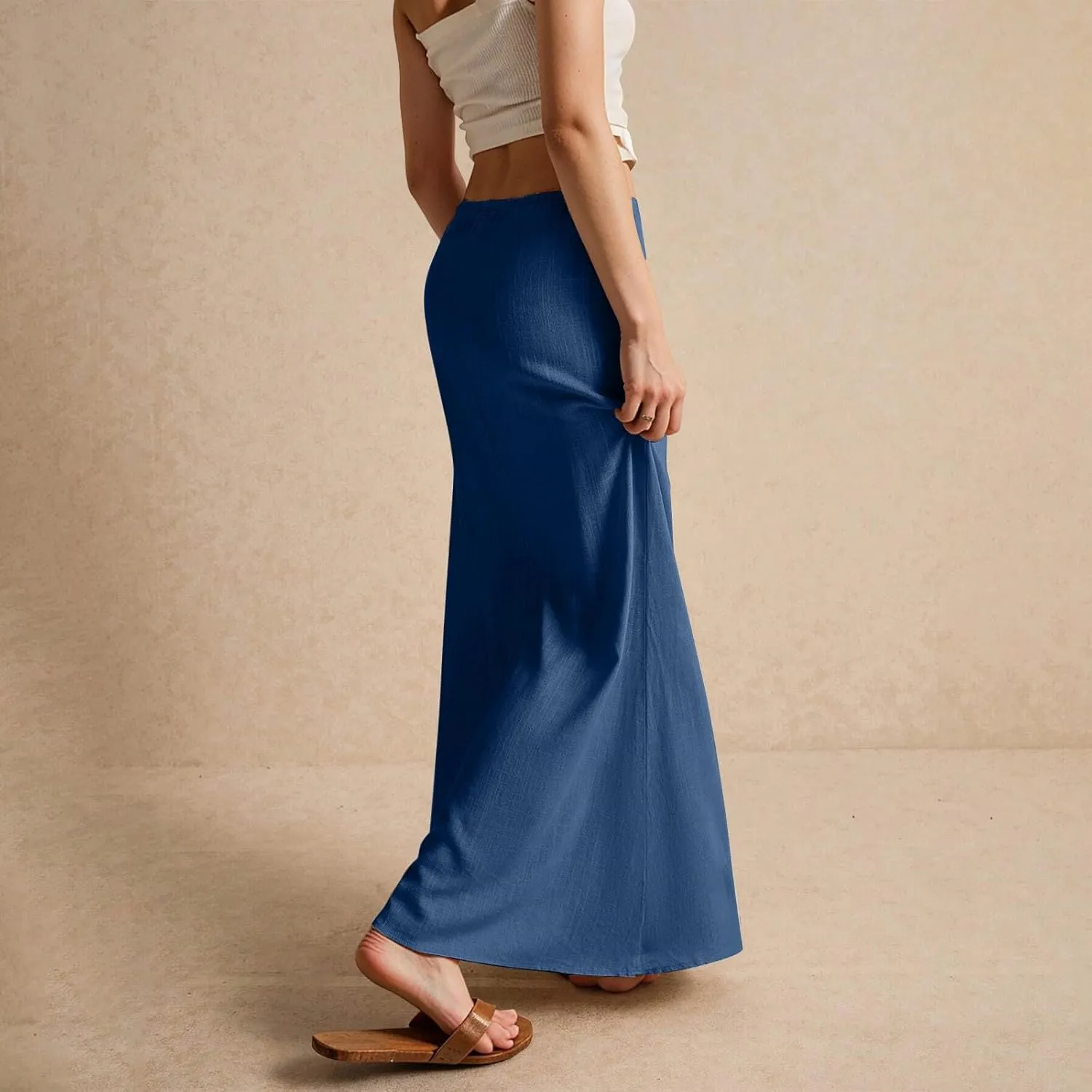 Womens Linen Maxi Skirt Drawstring Waist A Line Long Flowy Floor Length Trendy Comfy Summer Beach Vacation