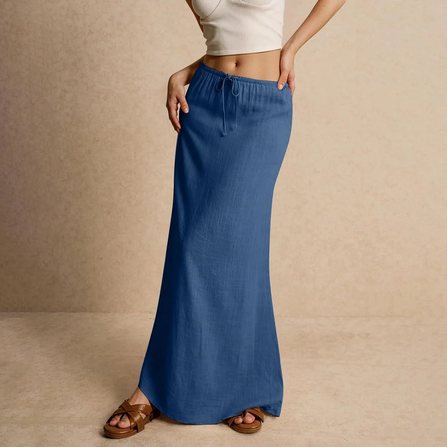 Womens Linen Maxi Skirt Drawstring Waist A Line Long Flowy Floor Length Trendy Comfy Summer Beach Vacation