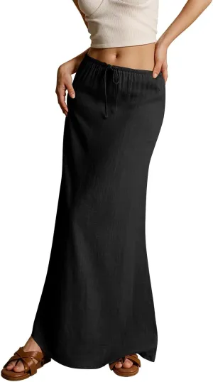 Womens Linen Maxi Skirt Drawstring Waist A Line Long Flowy Floor Length Trendy Comfy Summer Beach Vacation