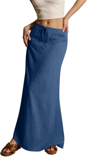 Womens Linen Maxi Skirt Drawstring Waist A Line Long Flowy Floor Length Trendy Comfy Summer Beach Vacation