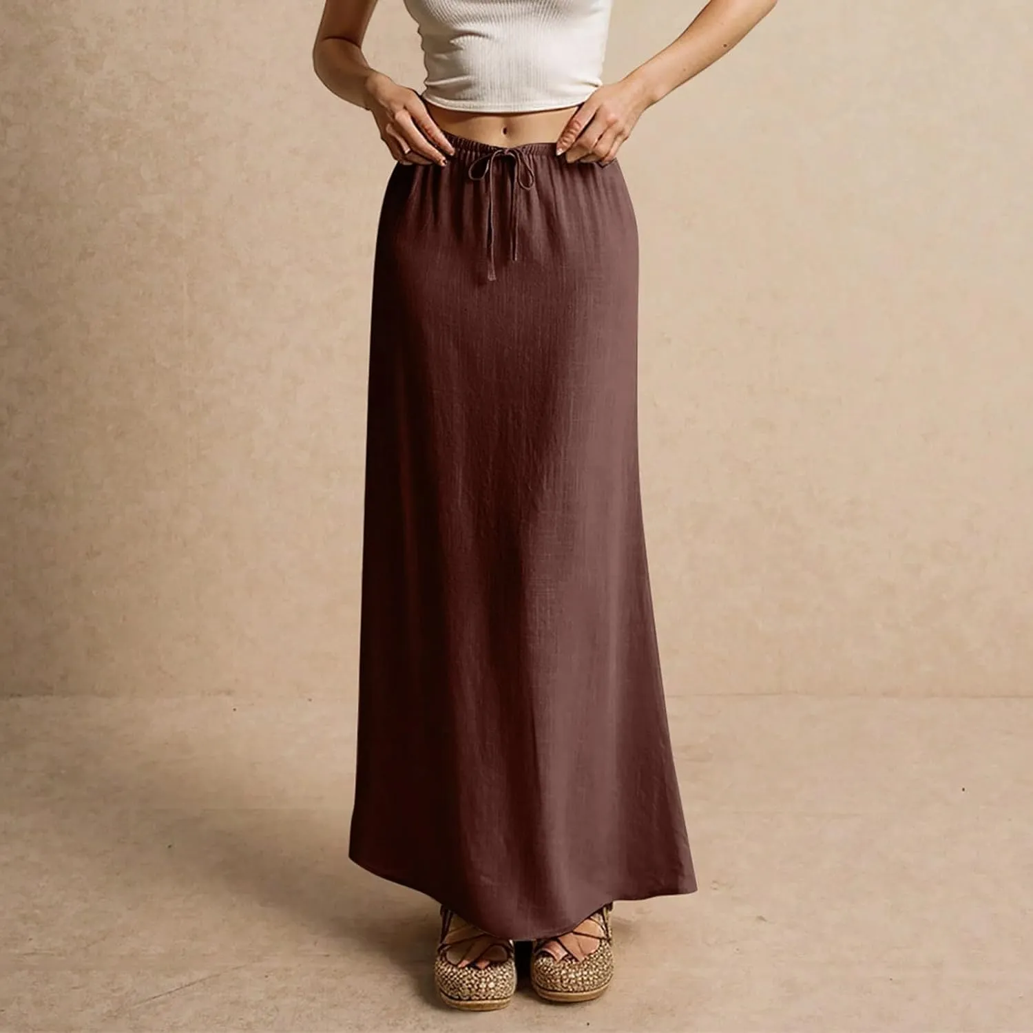 Womens Linen Maxi Skirt Drawstring Waist A Line Long Flowy Floor Length Trendy Comfy Summer Beach Vacation
