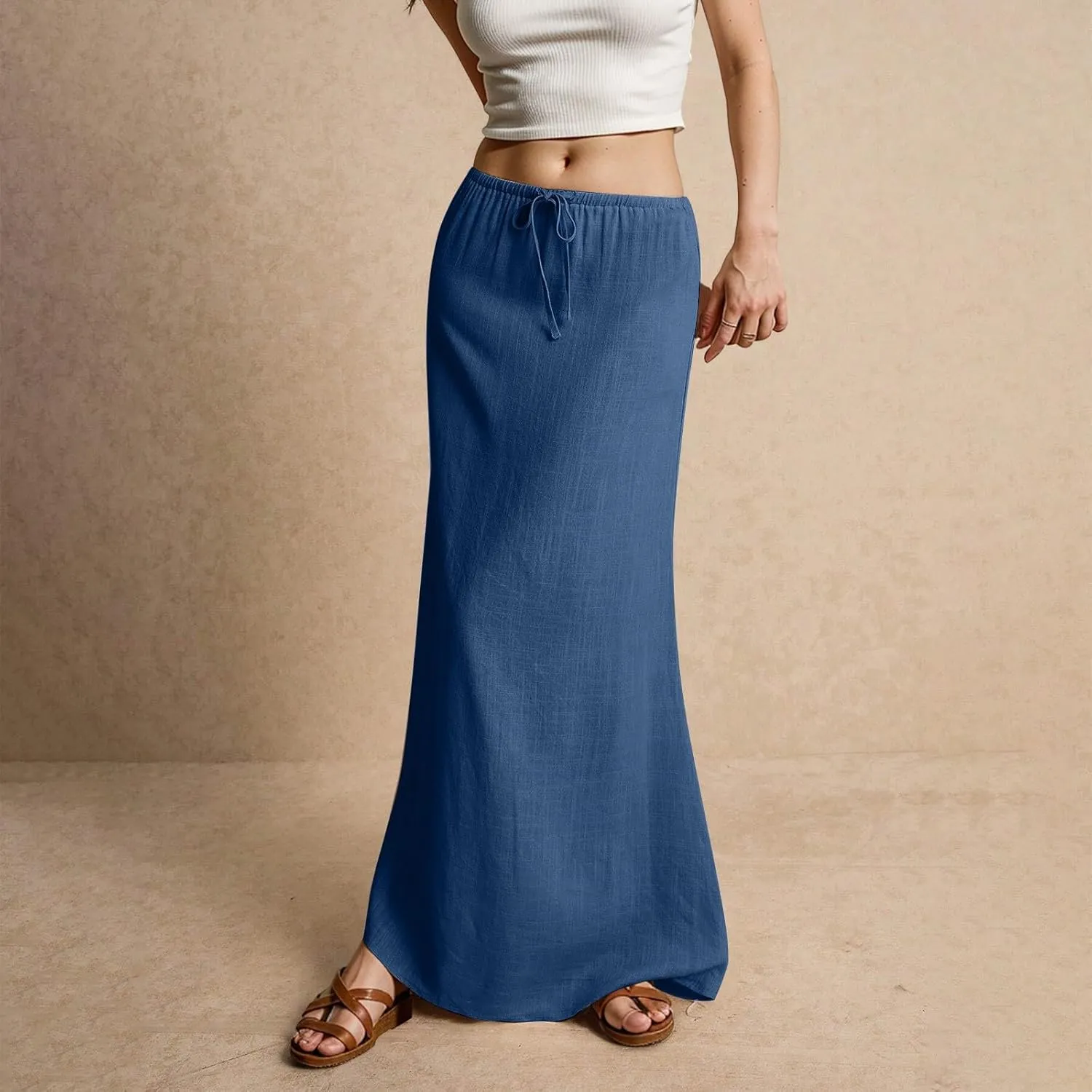 Womens Linen Maxi Skirt Drawstring Waist A Line Long Flowy Floor Length Trendy Comfy Summer Beach Vacation