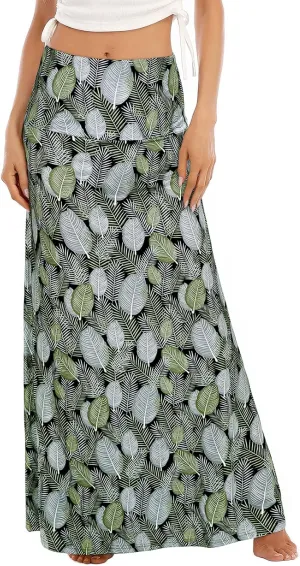 Womens Maxi Boho High Waist Skirts for Women Trendy Long Skirt Flowy Floral Skirt Maxi Dresses Grey Green Leaves Medium