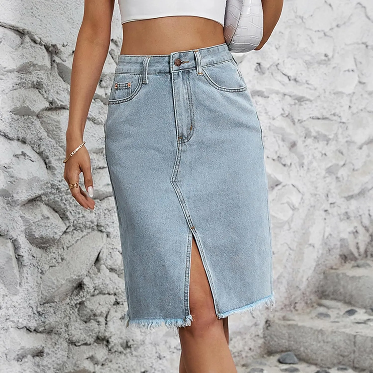 Womens Midi Denim Skirt Casual High Waist Solid Color Bodycon Jean Skirts Knee Length Split Skirts