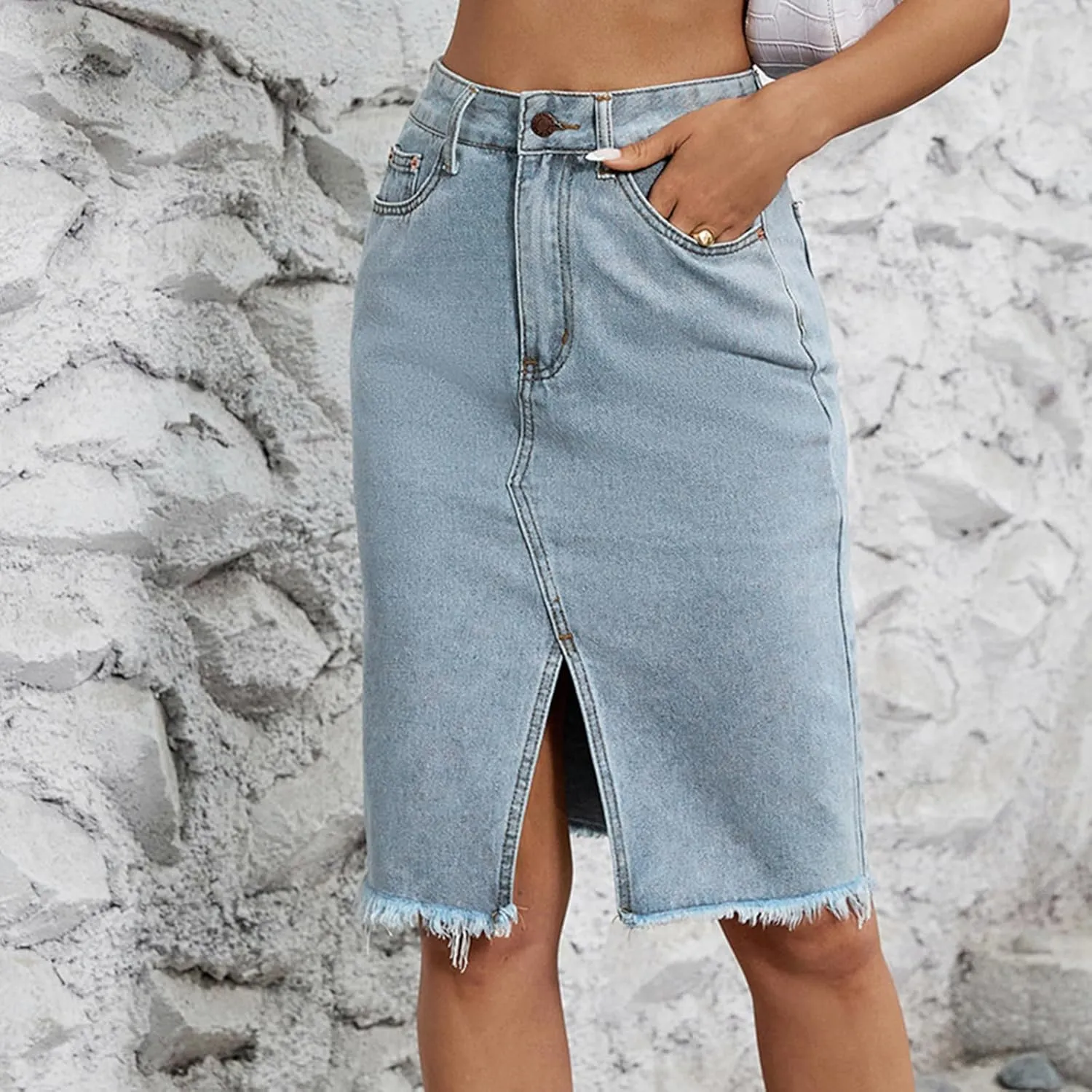 Womens Midi Denim Skirt Casual High Waist Solid Color Bodycon Jean Skirts Knee Length Split Skirts