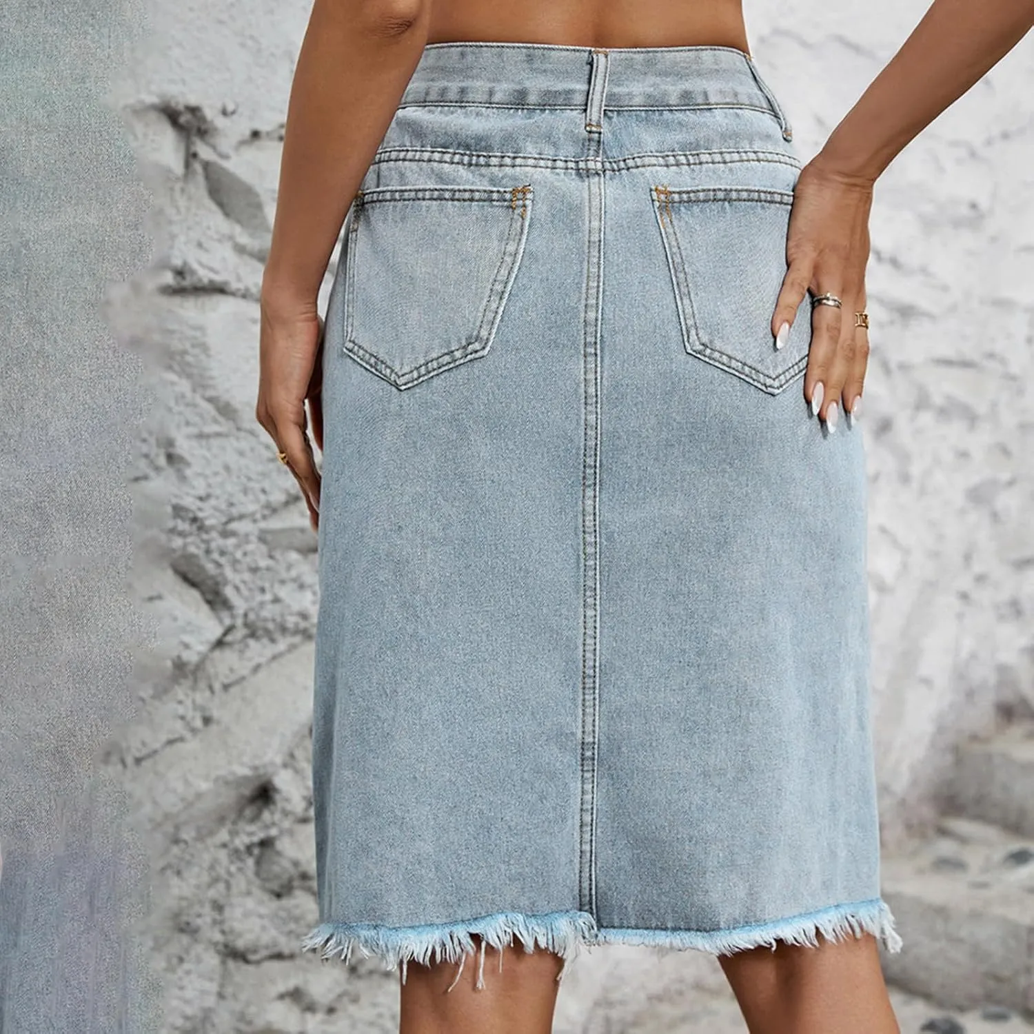 Womens Midi Denim Skirt Casual High Waist Solid Color Bodycon Jean Skirts Knee Length Split Skirts