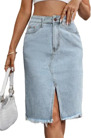 Womens Midi Denim Skirt Casual High Waist Solid Color Bodycon Jean Skirts Knee Length Split Skirts