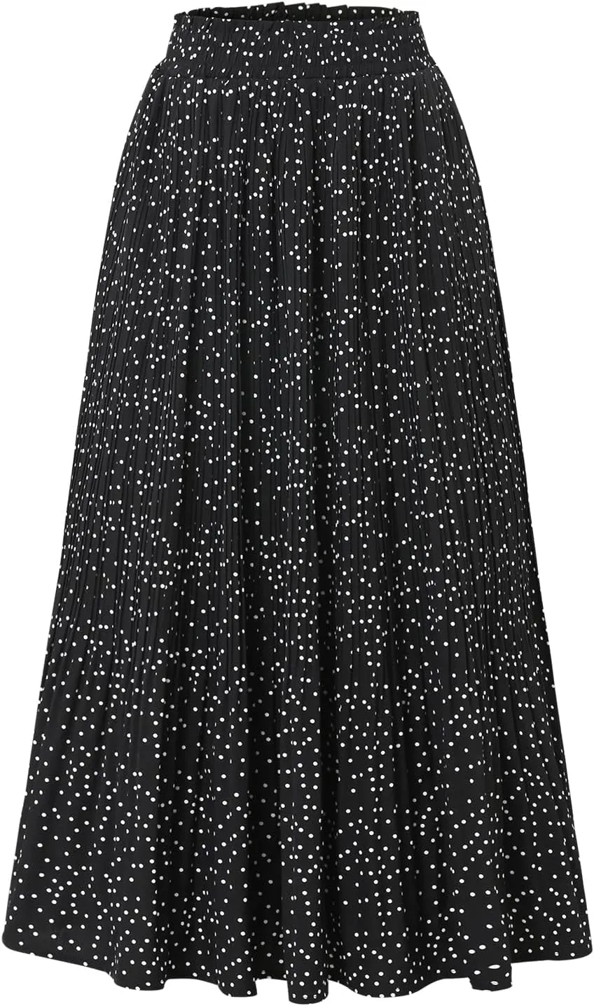 Womens Midi Skirts High Waisted Polka Dot Pleated A-Line Swing Skirts Summer Fall Long Skirts with Pockets