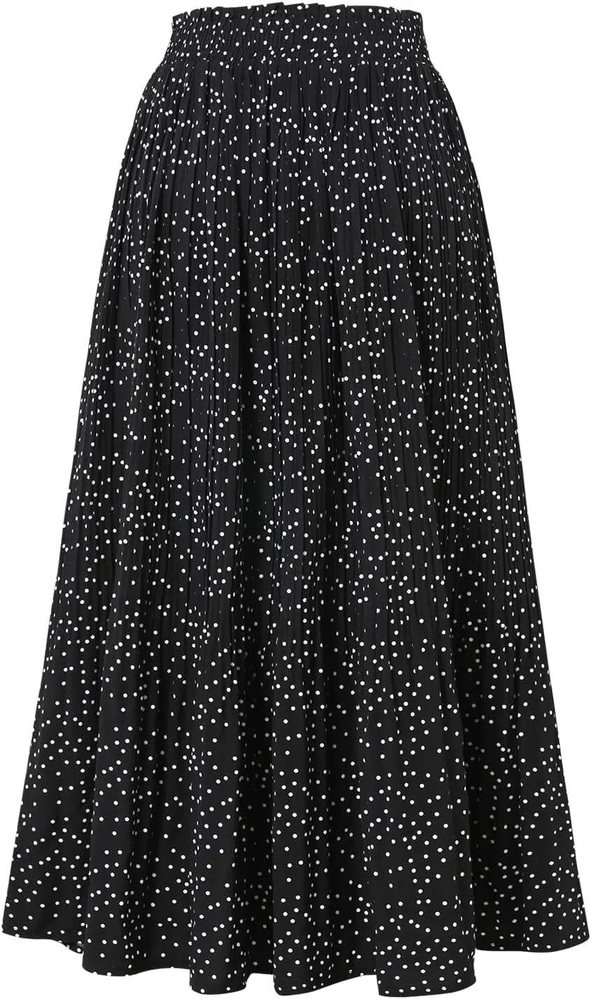 Womens Midi Skirts High Waisted Polka Dot Pleated A-Line Swing Skirts Summer Fall Long Skirts with Pockets