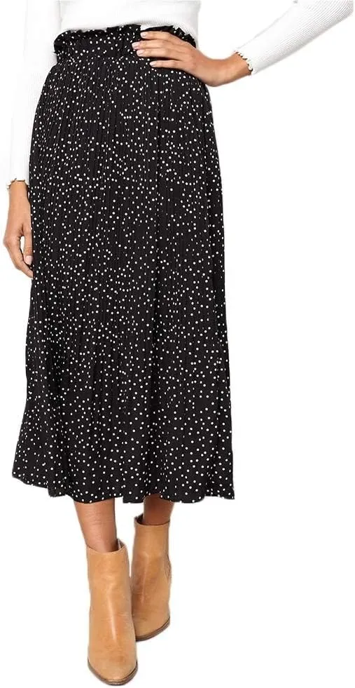 Womens Midi Skirts High Waisted Polka Dot Pleated A-Line Swing Skirts Summer Fall Long Skirts with Pockets