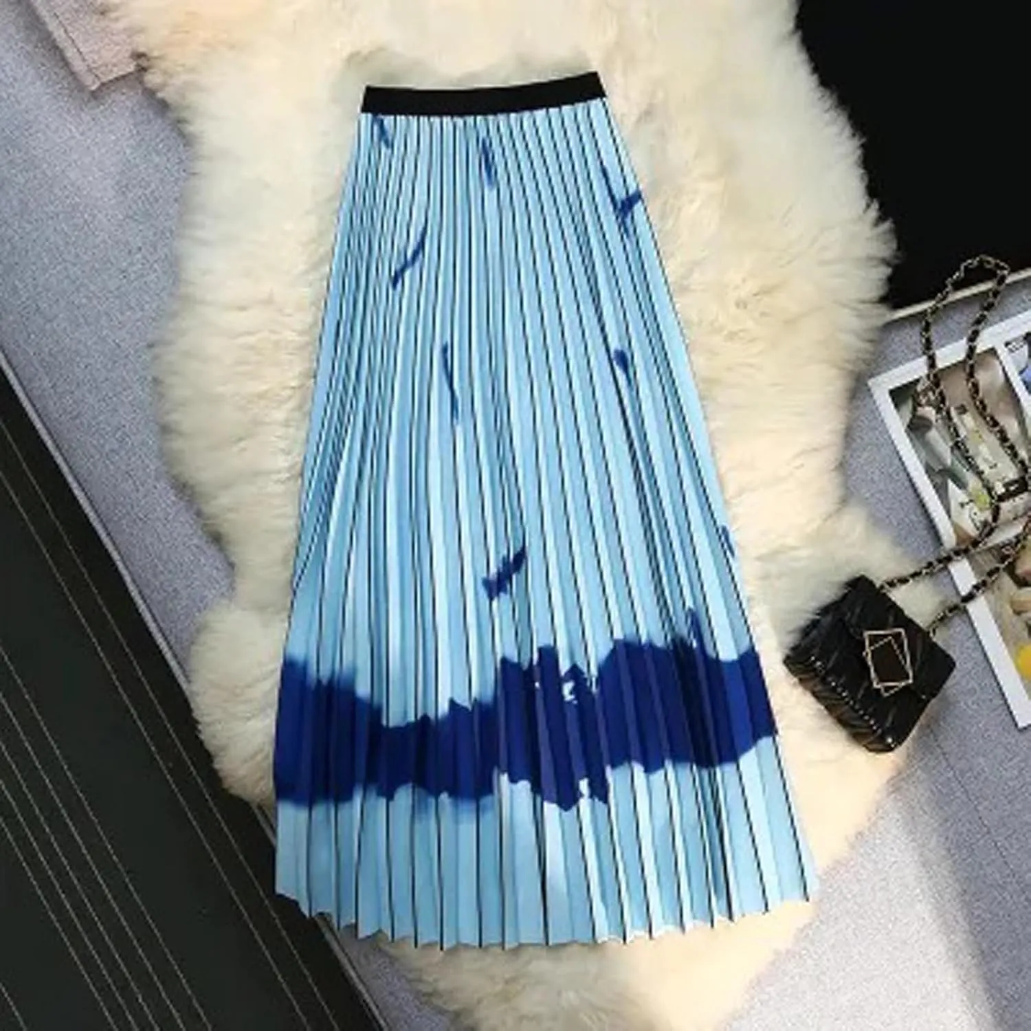 Women's Organ Pleated Long Skirt Bohemian Long Skirt Elastic Waist A-line Pleated Ruffled midi Skirt