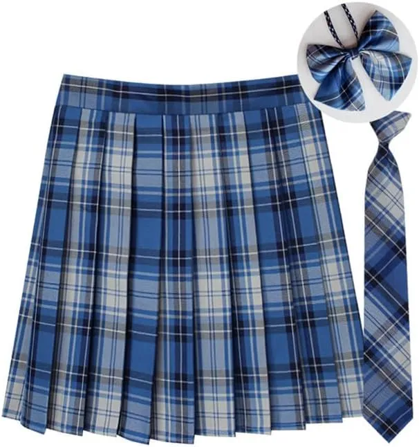 Women's Pleated Mini Skirts and Tie 3 Piece Sets Sexy Cute Plaid Skirt High Waisted A-Line Swing Lingerie Skirt