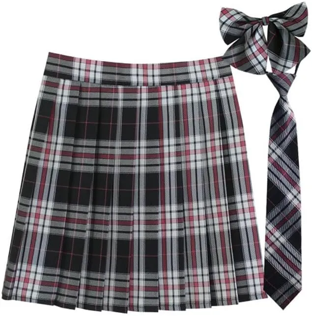 Women's Pleated Mini Skirts and Tie 3 Piece Sets Sexy Cute Plaid Skirt High Waisted A-Line Swing Lingerie Skirt
