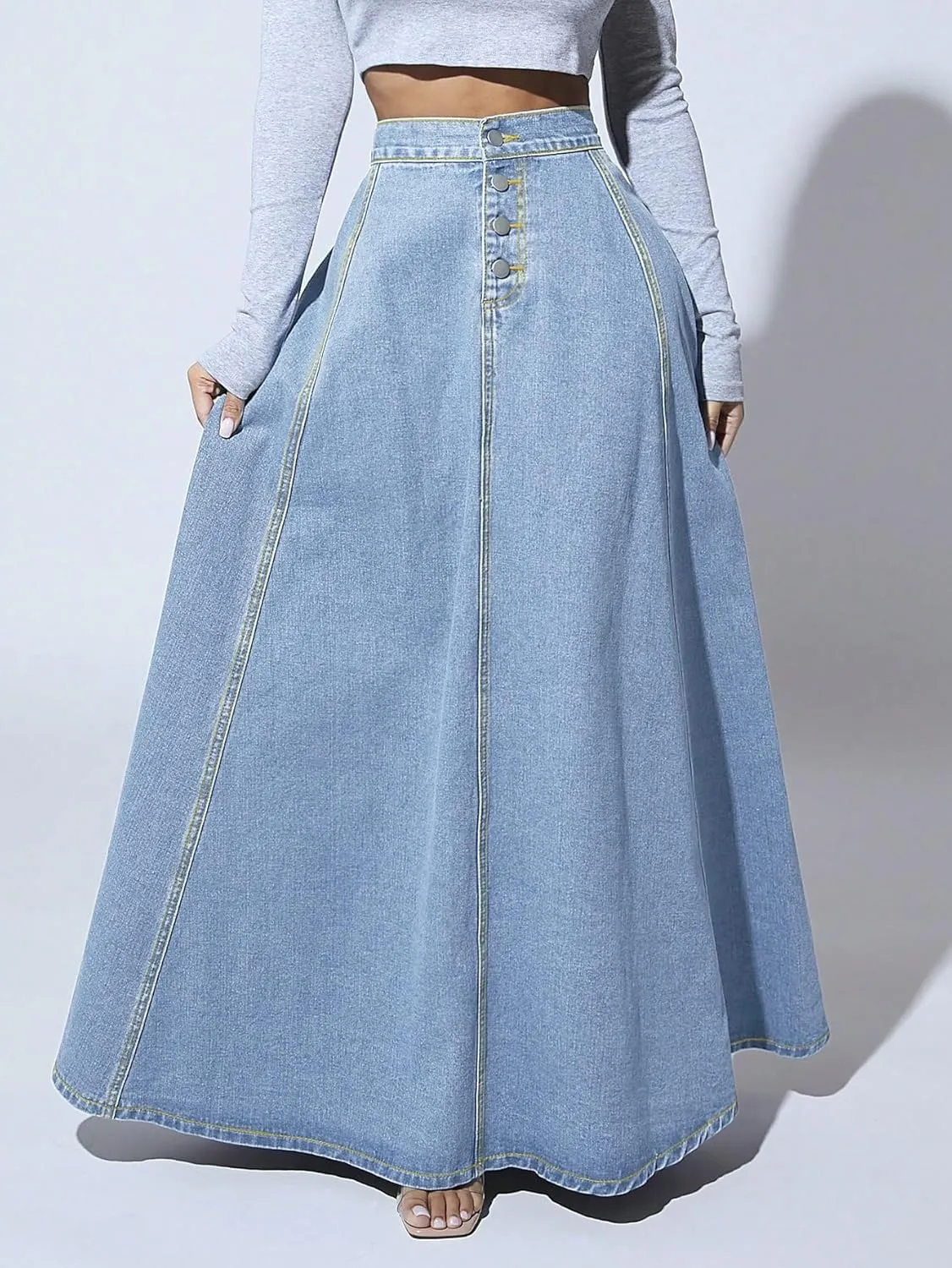 Women's Retro Flared Long Jean Skirt-High Waist Button Front, Pleated Flowy Swing Maxi Skirt in Classic Denim Wash