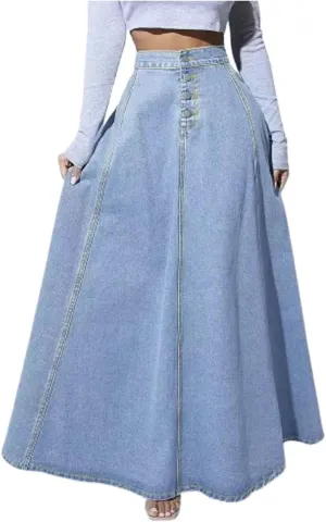 Women's Retro Flared Long Jean Skirt-High Waist Button Front, Pleated Flowy Swing Maxi Skirt in Classic Denim Wash