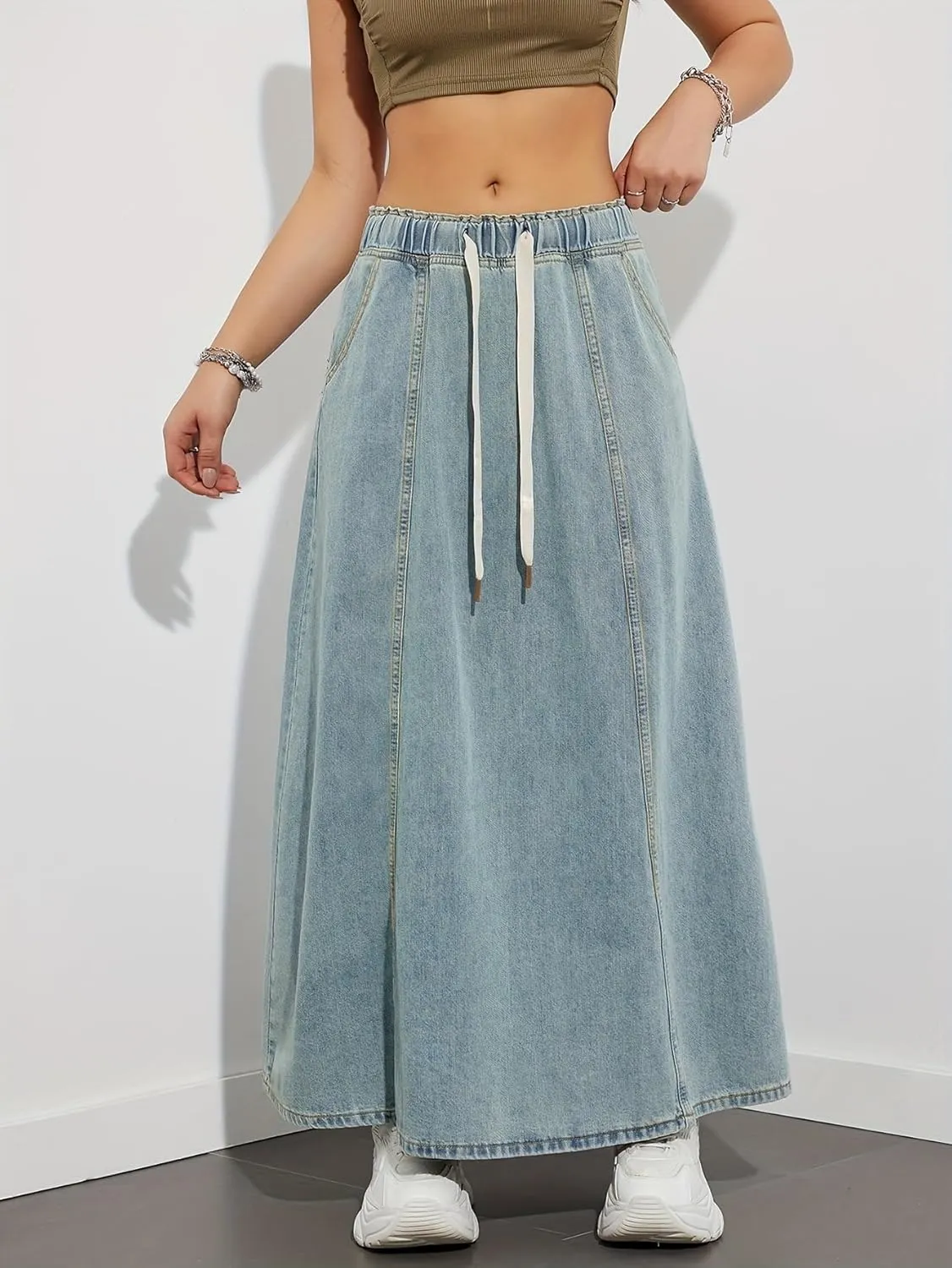 Women's Retro Flared Long Jean Skirt-High Waist Button Front, Pleated Flowy Swing Maxi Skirt in Classic Denim Wash