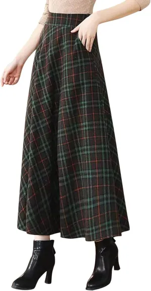 Womens Retro Skirts Casual Length Skirt Classic Plaid High Waisted Pockets Long Skirts for Women Zipper Maxi