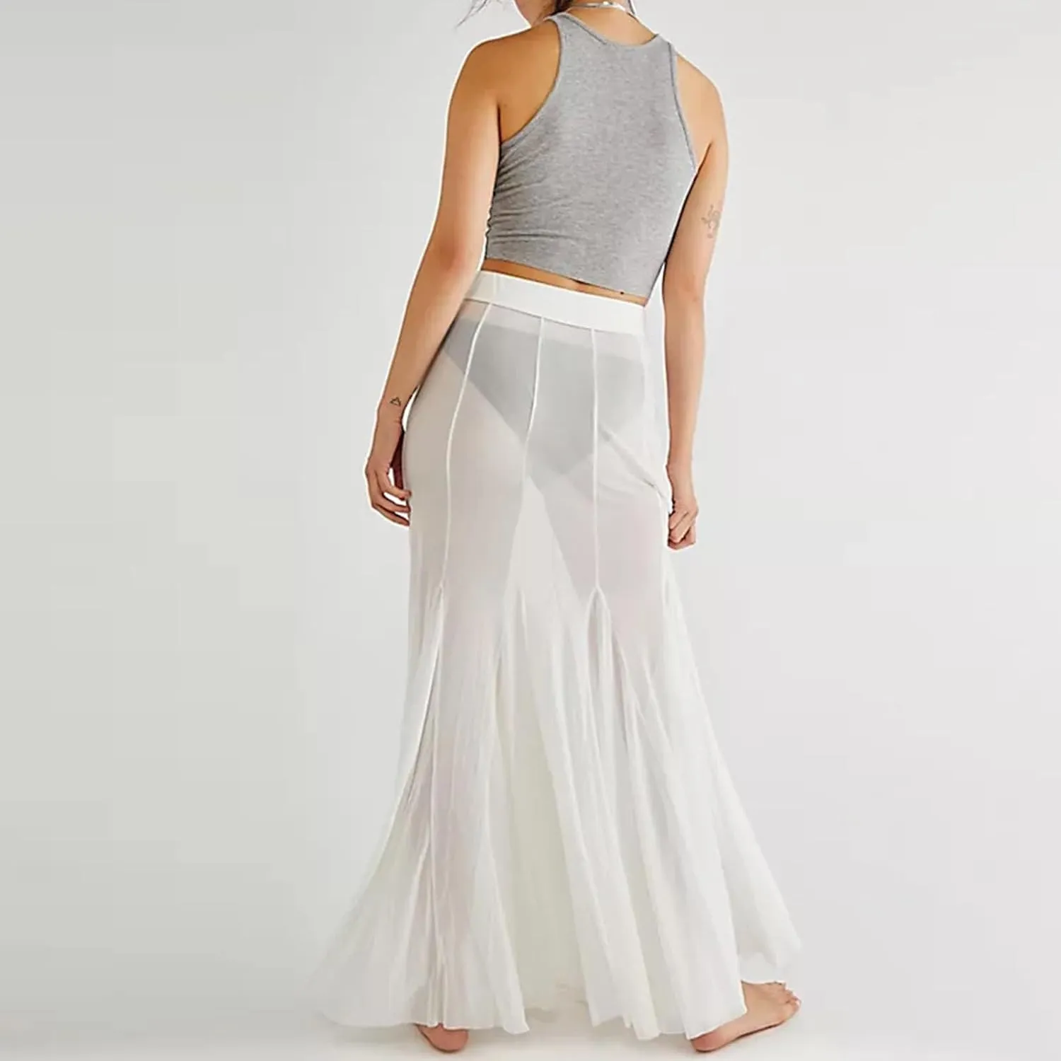 Women's Sheer Mesh Tulle Skirts High Waisted Long Maxi Summer Swimsuit Cover Up See Through Beach Flowy Skirt