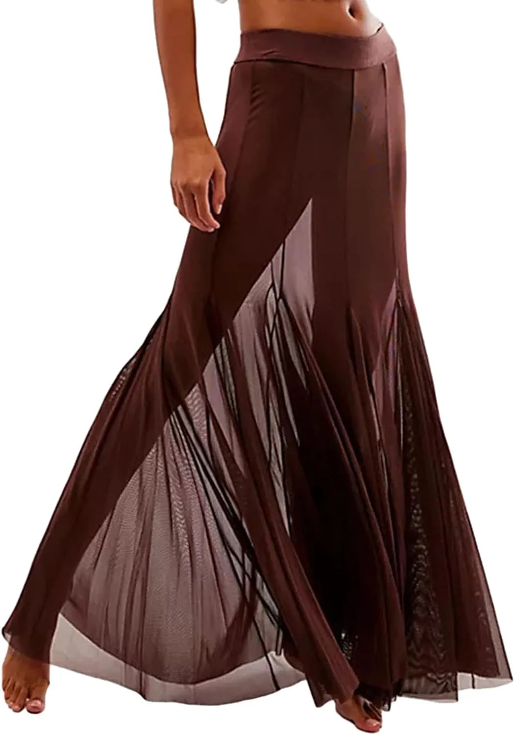 Women's Sheer Mesh Tulle Skirts High Waisted Long Maxi Summer Swimsuit Cover Up See Through Beach Flowy Skirt