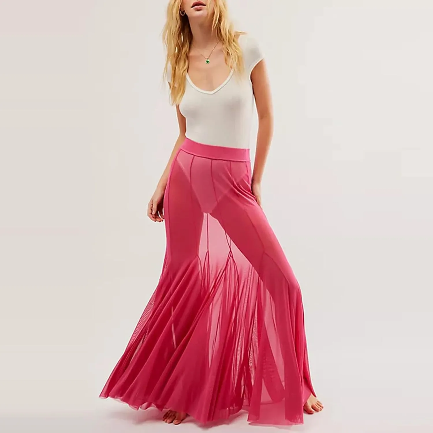 Women's Sheer Mesh Tulle Skirts High Waisted Long Maxi Summer Swimsuit Cover Up See Through Beach Flowy Skirt