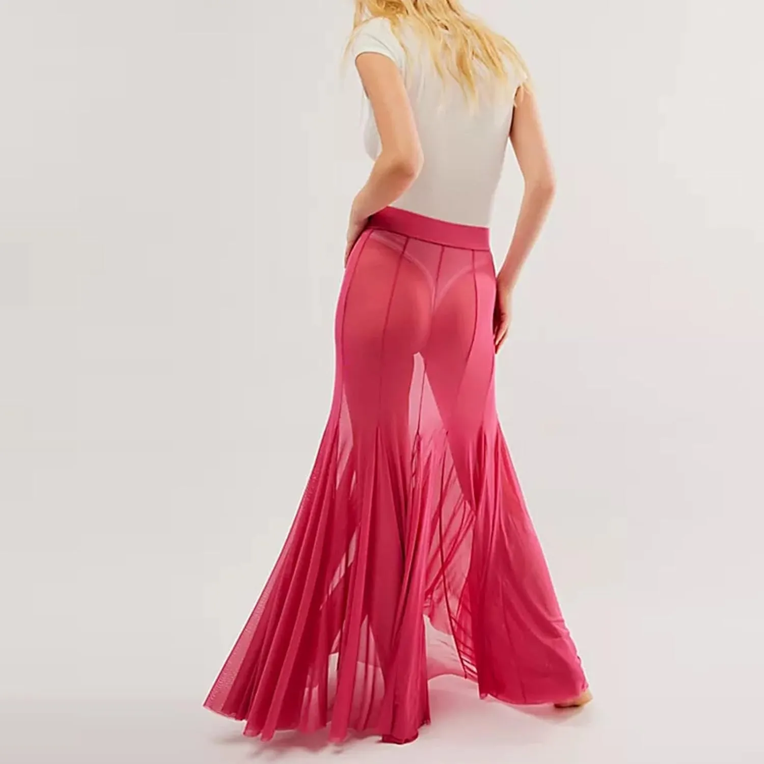 Women's Sheer Mesh Tulle Skirts High Waisted Long Maxi Summer Swimsuit Cover Up See Through Beach Flowy Skirt