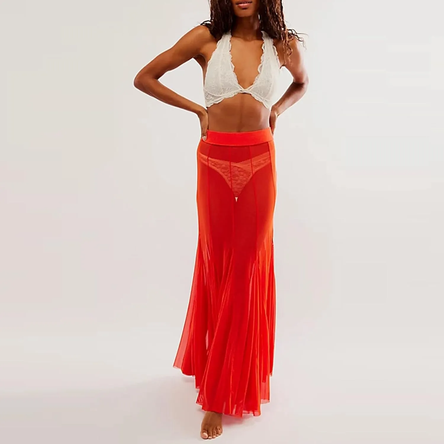 Women's Sheer Mesh Tulle Skirts High Waisted Long Maxi Summer Swimsuit Cover Up See Through Beach Flowy Skirt