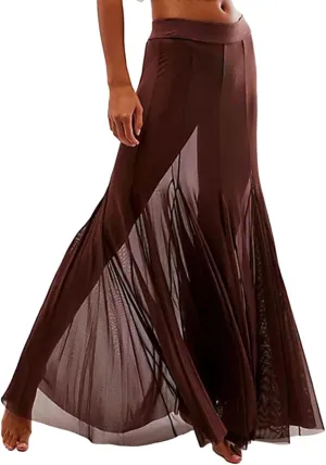 Women's Sheer Mesh Tulle Skirts High Waisted Long Maxi Summer Swimsuit Cover Up See Through Beach Flowy Skirt