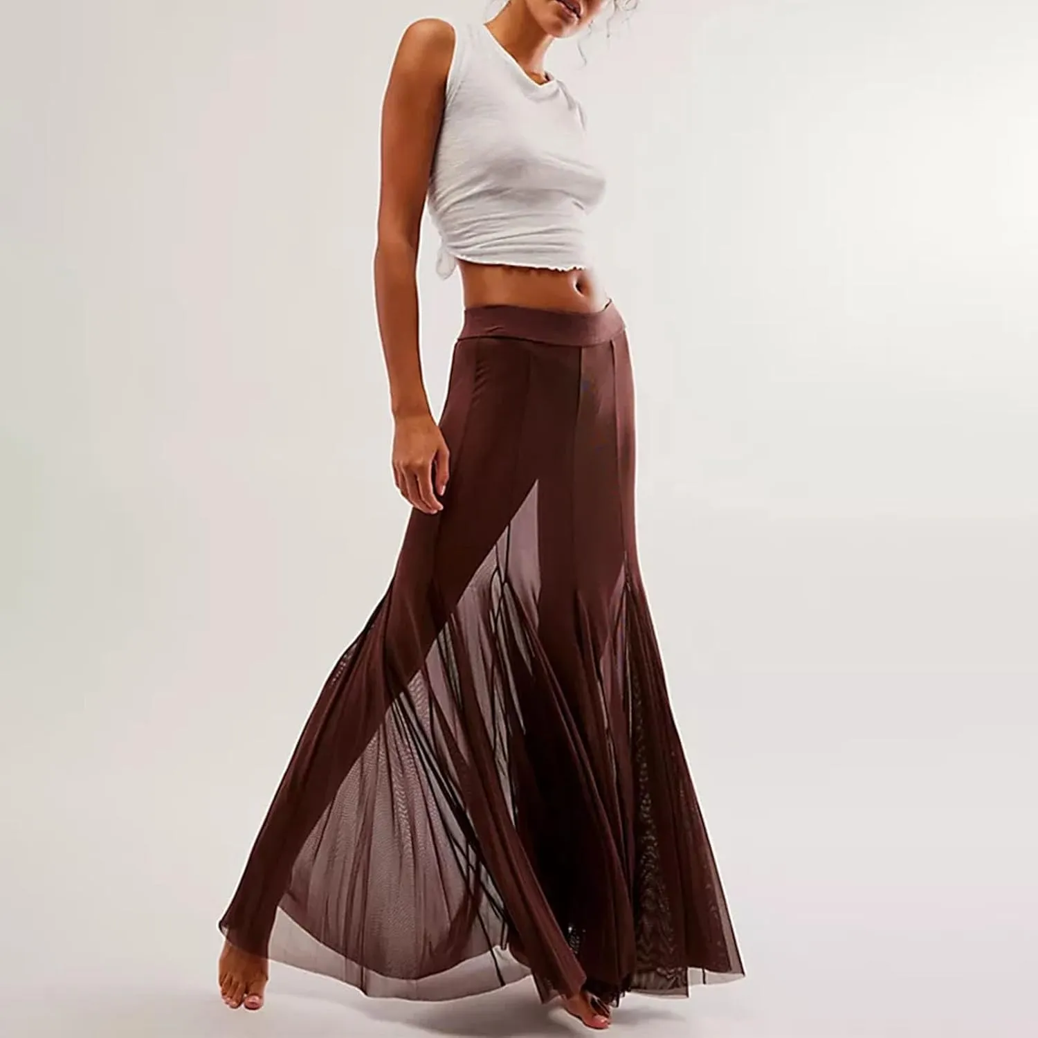 Women's Sheer Mesh Tulle Skirts High Waisted Long Maxi Summer Swimsuit Cover Up See Through Beach Flowy Skirt