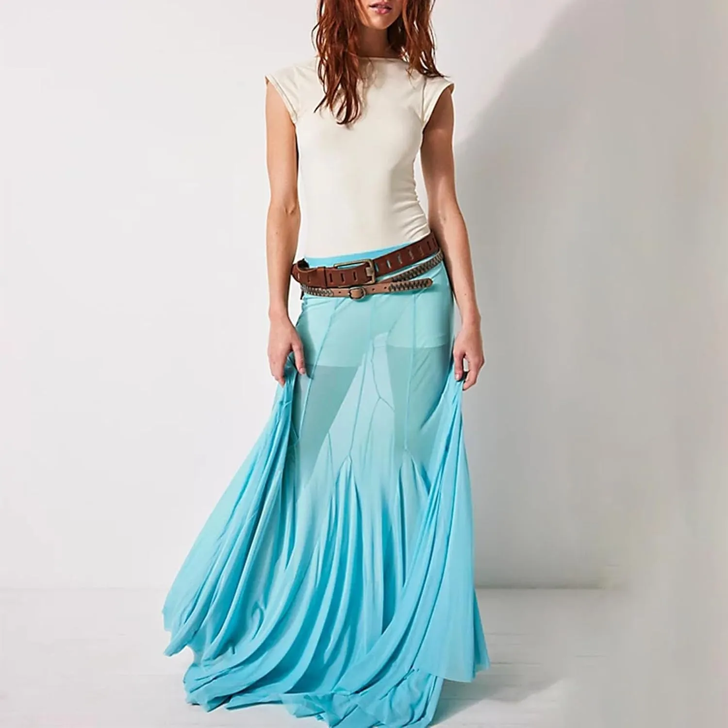 Women's Sheer Mesh Tulle Skirts High Waisted Long Maxi Summer Swimsuit Cover Up See Through Beach Flowy Skirt
