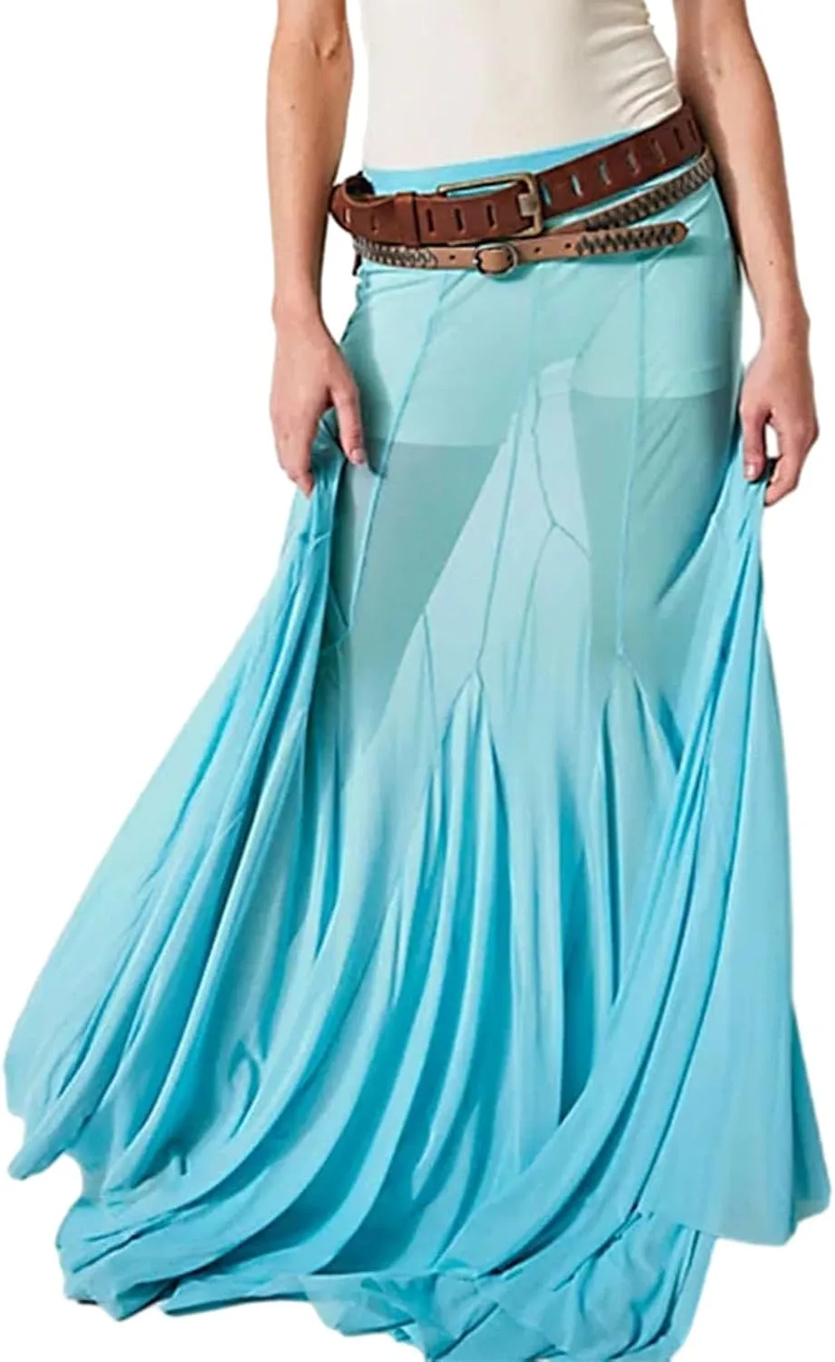 Women's Sheer Mesh Tulle Skirts High Waisted Long Maxi Summer Swimsuit Cover Up See Through Beach Flowy Skirt