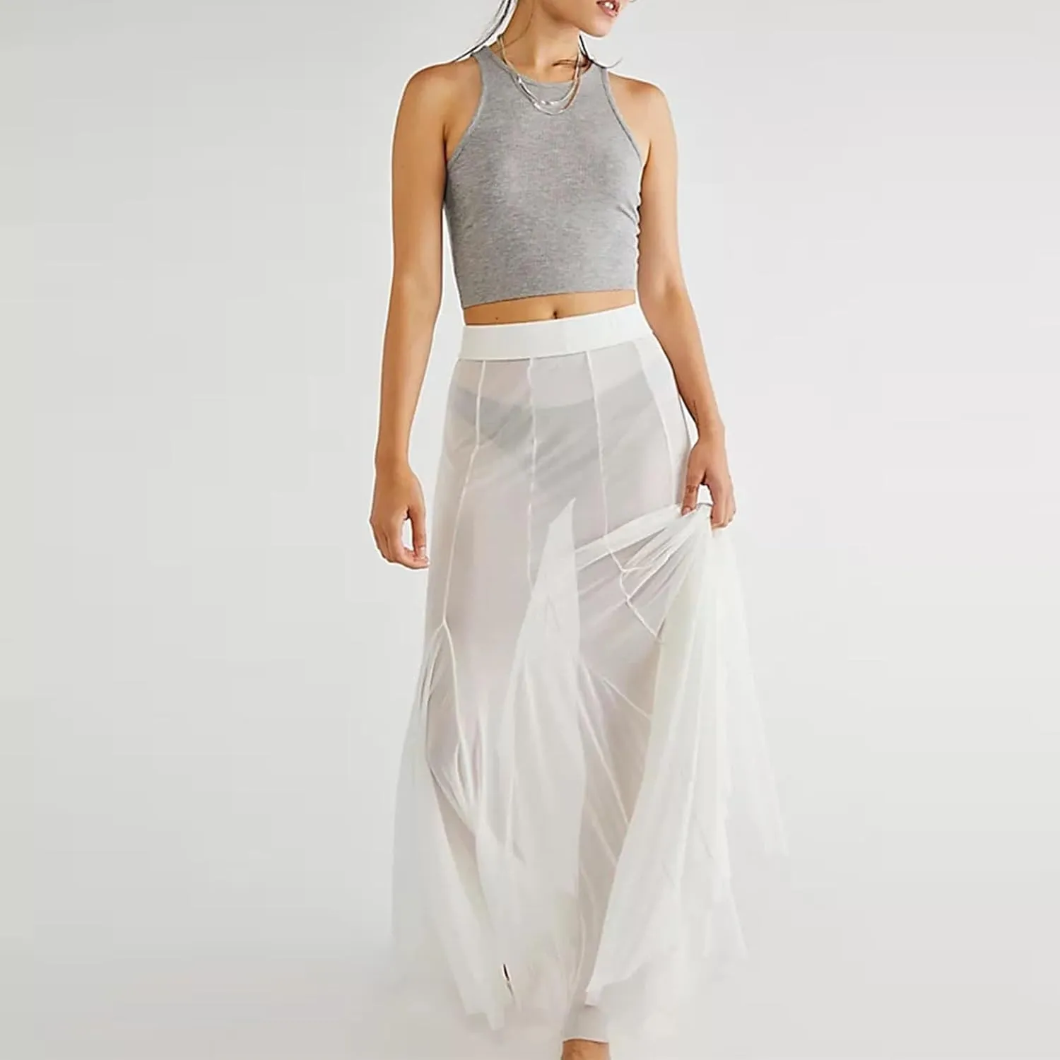 Women's Sheer Mesh Tulle Skirts High Waisted Long Maxi Summer Swimsuit Cover Up See Through Beach Flowy Skirt