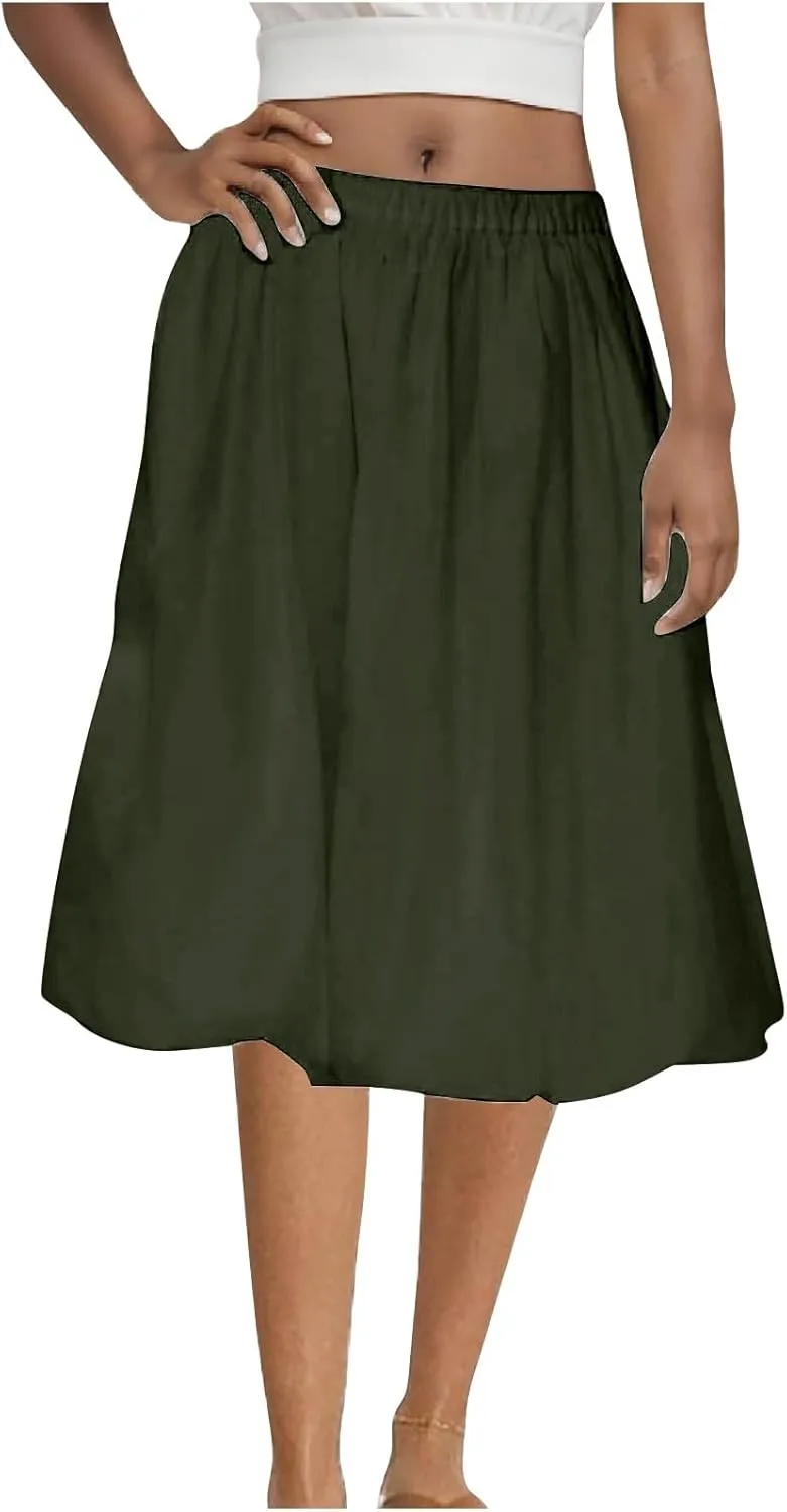 Womens Skirts Midi Length Solid Color Classic Skirt Casual Flowy Pure Boho Beach Flared Hem Skirt 2025 Fashion