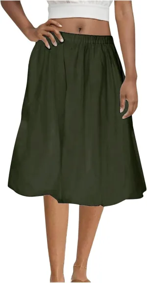 Womens Skirts Midi Length Solid Color Classic Skirt Casual Flowy Pure Boho Beach Flared Hem Skirt 2025 Fashion