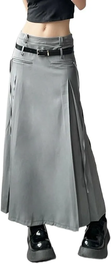 Women's Solid Flared Lightweight Classic Midi Skirt Casual Elegant Mid Long a Line Skirts with Belt