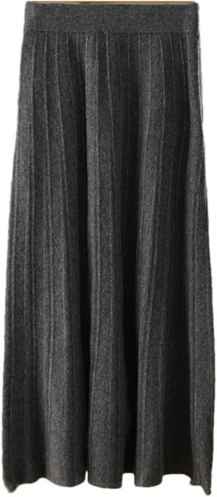 Women's Stretch High Waist Wool Pleated Skirt Knitted Soft Solid Color A-Line Midi Skirts