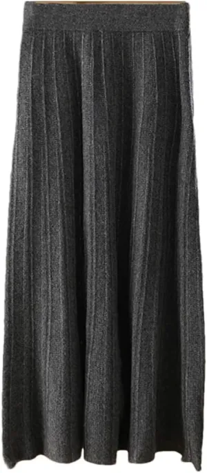 Women's Stretch High Waist Wool Pleated Skirt Knitted Soft Solid Color A-Line Midi Skirts
