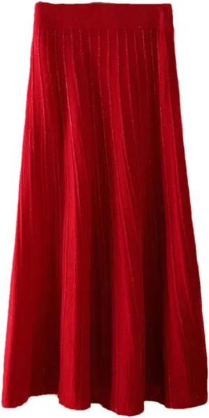 Women's Stretch High Waist Wool Pleated Skirt Knitted Soft Solid Color A-Line Midi Skirts
