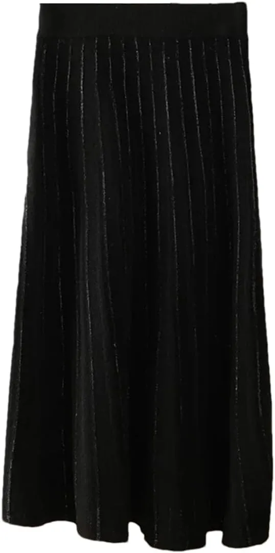 Women's Stretch High Waist Wool Pleated Skirt Knitted Soft Solid Color A-Line Midi Skirts