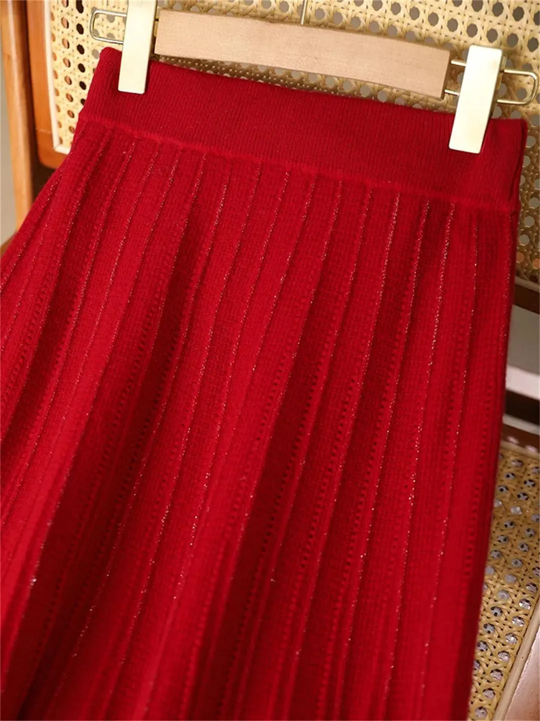 Women's Stretch High Waist Wool Pleated Skirt Knitted Soft Solid Color A-Line Midi Skirts