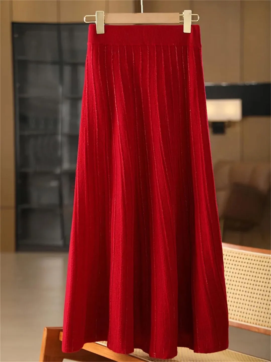 Women's Stretch High Waist Wool Pleated Skirt Knitted Soft Solid Color A-Line Midi Skirts