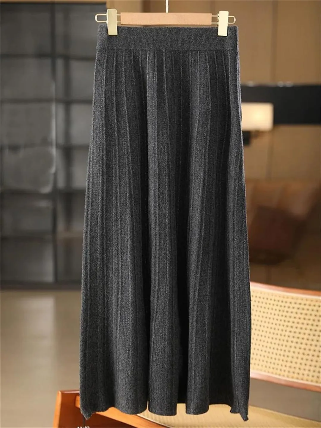 Women's Stretch High Waist Wool Pleated Skirt Knitted Soft Solid Color A-Line Midi Skirts