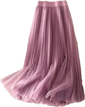 Women's Summer Solid Color Pleated Mesh Skirt Women Classic High Waisted Slim Skirt Lady Midi Skirt