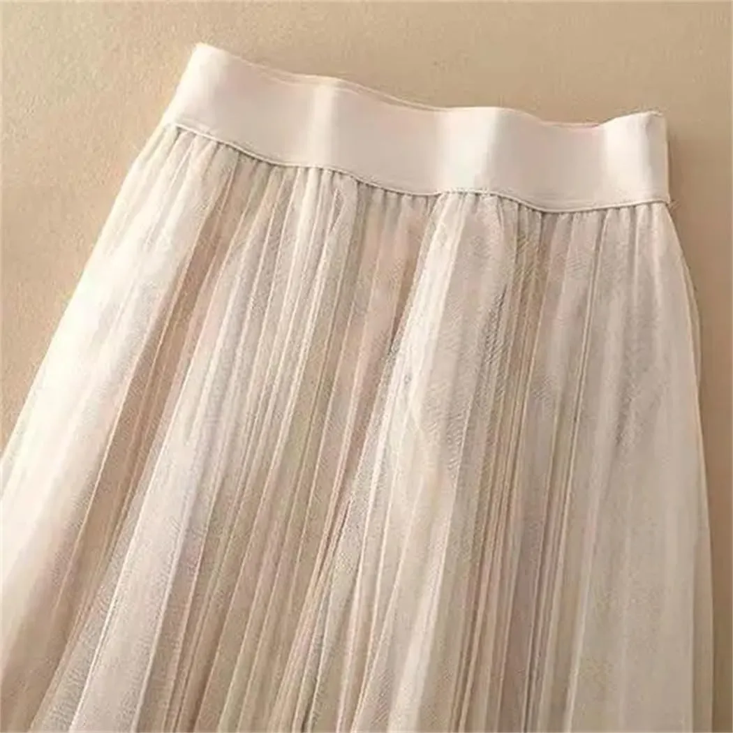 Women's Summer Solid Color Pleated Mesh Skirt Women Classic High Waisted Slim Skirt Lady Midi Skirt