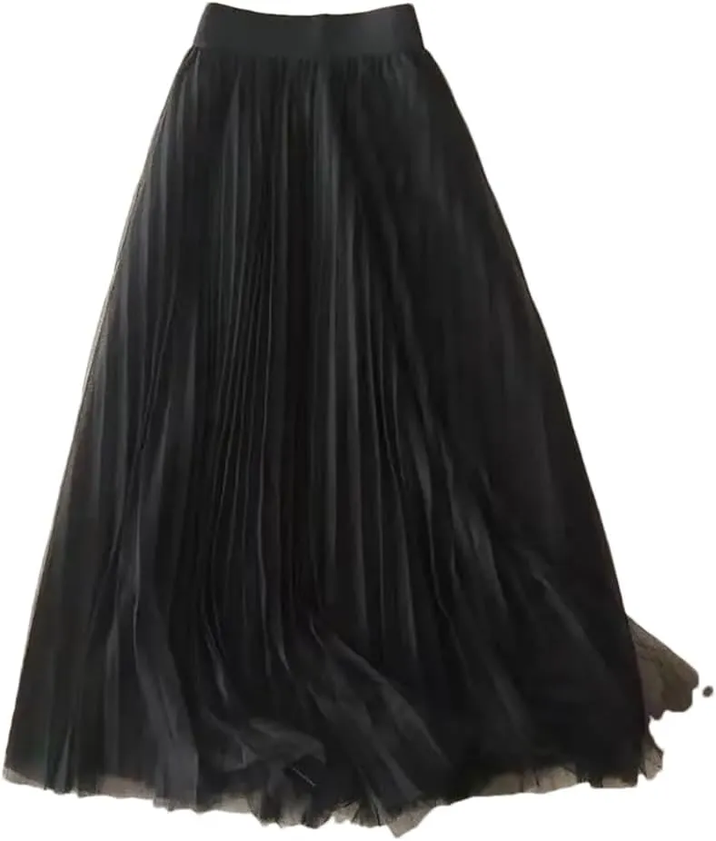 Women's Summer Solid Color Pleated Mesh Skirt Women Classic High Waisted Slim Skirt Lady Midi Skirt
