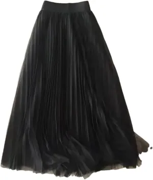 Women's Summer Solid Color Pleated Mesh Skirt Women Classic High Waisted Slim Skirt Lady Midi Skirt