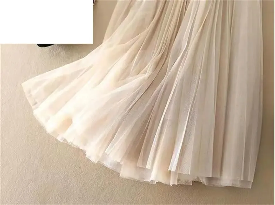 Women's Summer Solid Color Pleated Mesh Skirt Women Classic High Waisted Slim Skirt Lady Midi Skirt