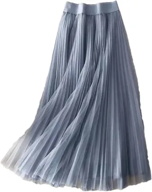 Women's Summer Solid Color Pleated Mesh Skirt Women Classic High Waisted Slim Skirt Lady Midi Skirt
