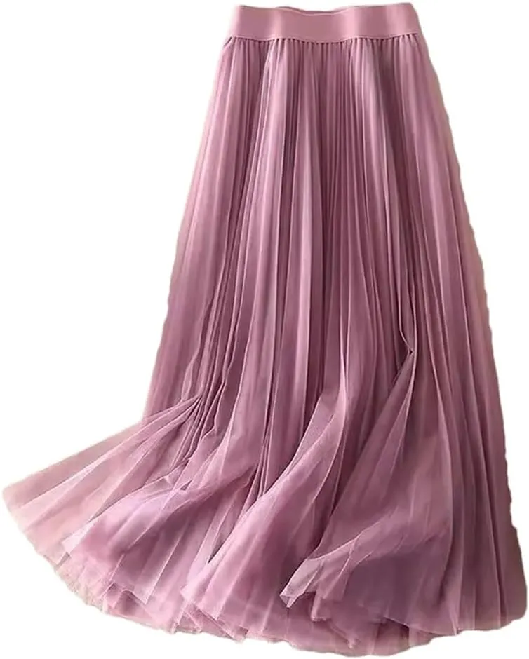Women's Summer Solid Color Pleated Mesh Skirt Women Classic High Waisted Slim Skirt Lady Midi Skirt