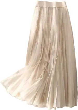 Women's Summer Solid Color Pleated Mesh Skirt Women Classic High Waisted Slim Skirt Lady Midi Skirt