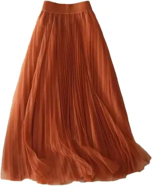 Women's Summer Solid Color Pleated Mesh Skirt Women Classic High Waisted Slim Skirt Lady Midi Skirt